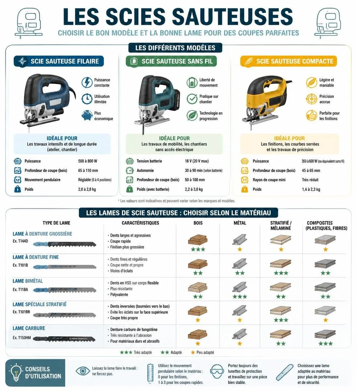découvrez notre guide complet pour choisir la scie sauteuse idéale et les lames adaptées à chaque matériau, afin de réaliser vos découpes avec précision et efficacité.