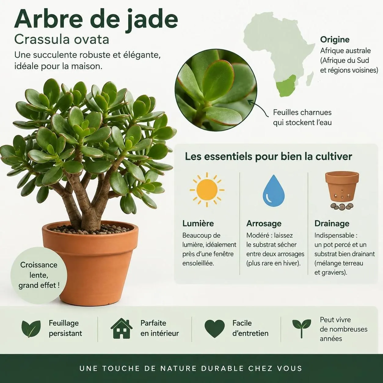 découvrez comment cultiver un arbre de jade en pot : emplacement, arrosage, rempotage et conseils d’entretien pour le garder en pleine santé.