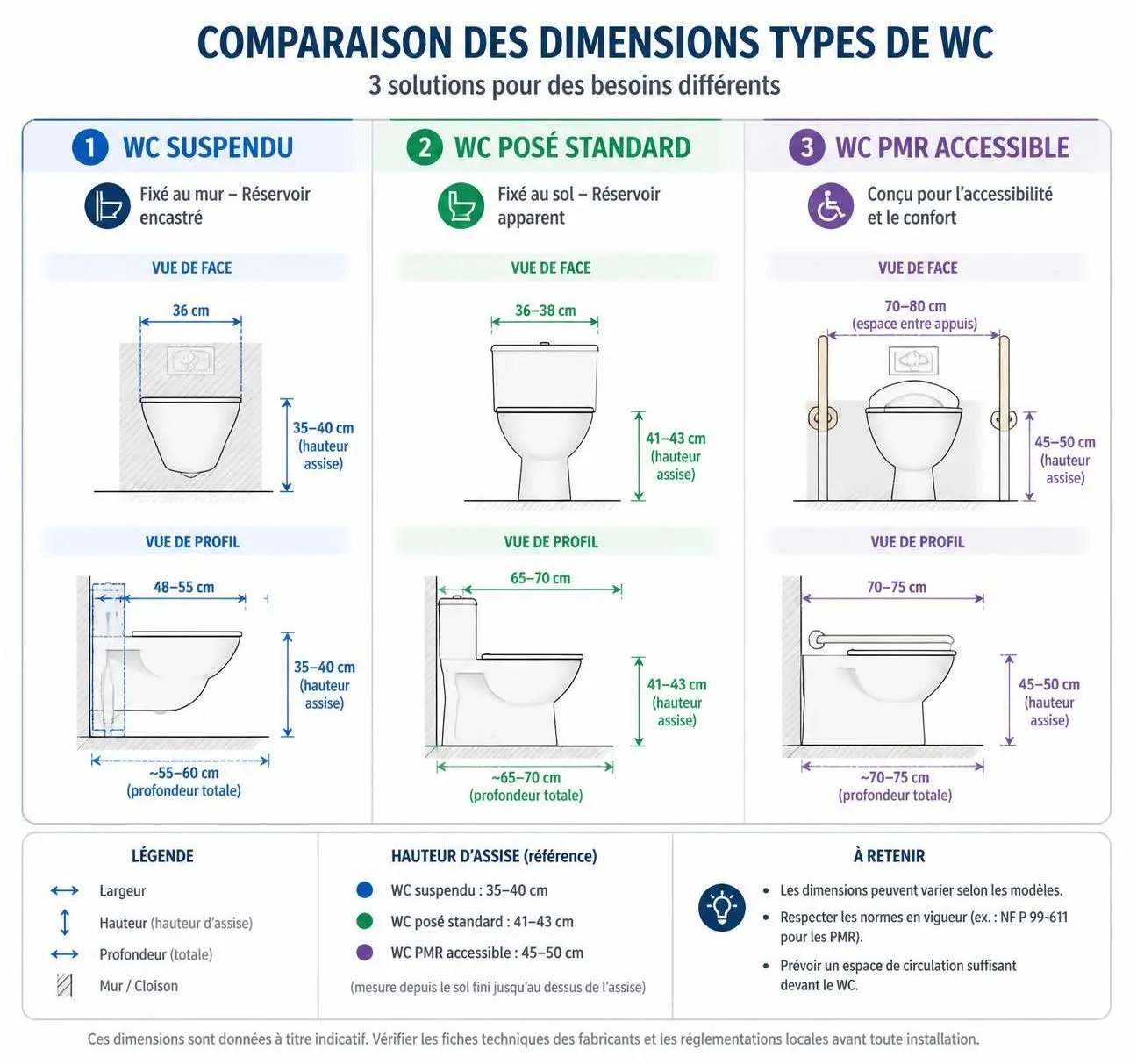 découvrez les dimensions standards des wc suspendus et posés, les normes à respecter, ainsi que des conseils pratiques pour leur installation et optimiser l'encombrement dans votre salle de bains.