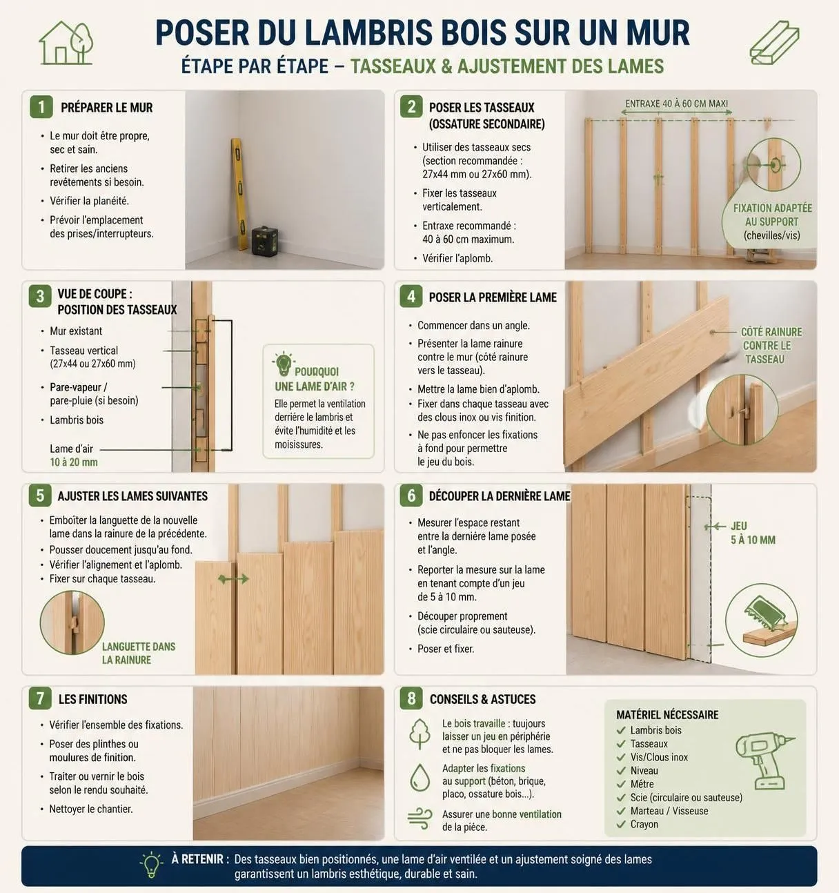 apprenez à poser du lambris bois au mur facilement avec notre guide pas à pas. découvrez des conseils pratiques pour une finition parfaite et un résultat professionnel.