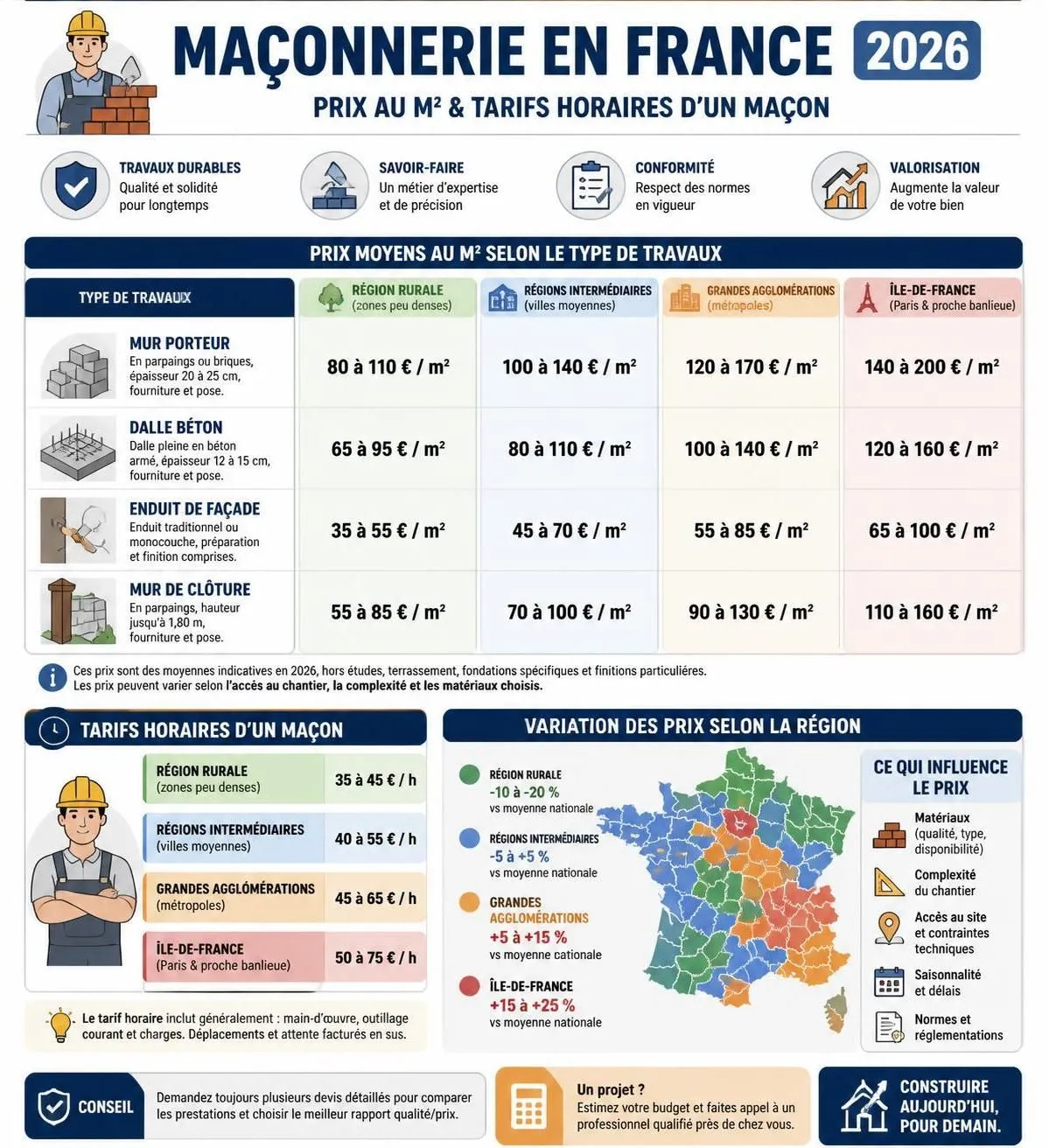 découvrez les prix d'un maçon au m² en 2026, avec les tarifs détaillés par type de prestation et des conseils pratiques pour obtenir un devis précis et adapté à vos besoins.