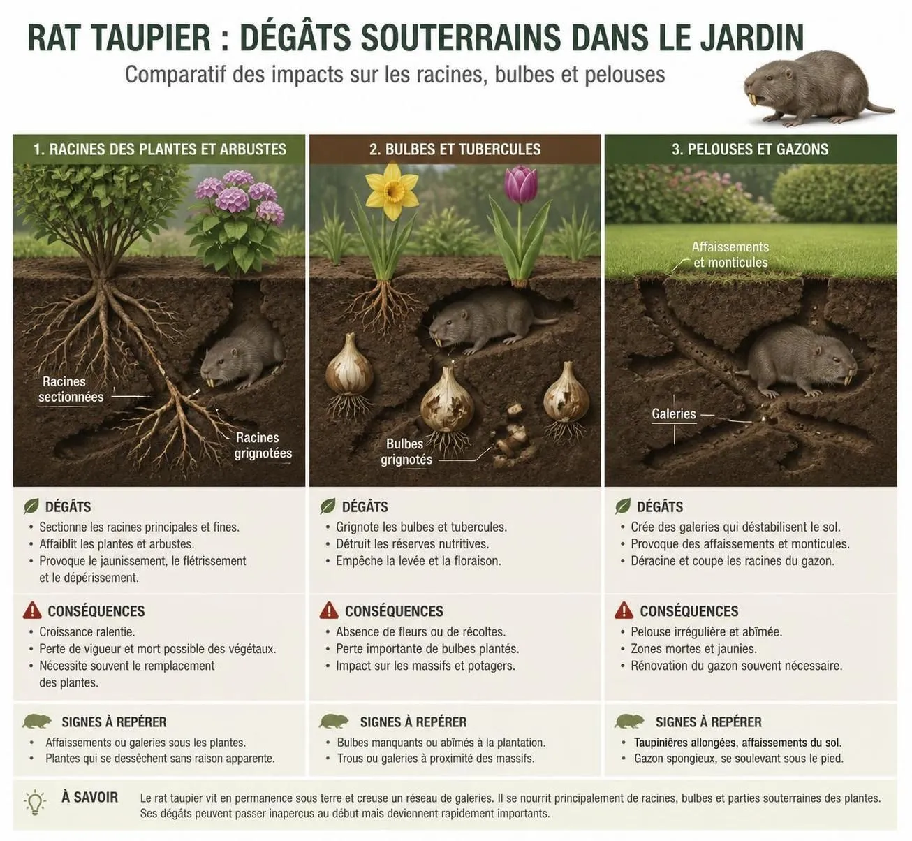 apprenez à reconnaître les galeries du rat taupier sous votre pelouse et découvrez des méthodes efficaces pour vous en débarrasser rapidement et durablement.