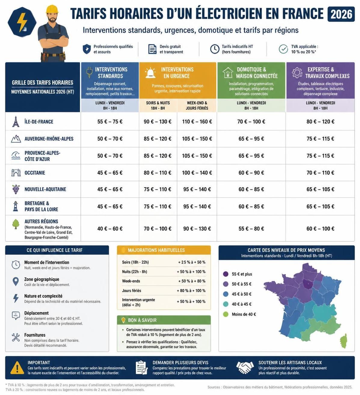 découvrez la grille tarifaire 2026 des électriciens à domicile, avec les prix détaillés selon chaque type d'intervention pour mieux planifier vos travaux électriques.