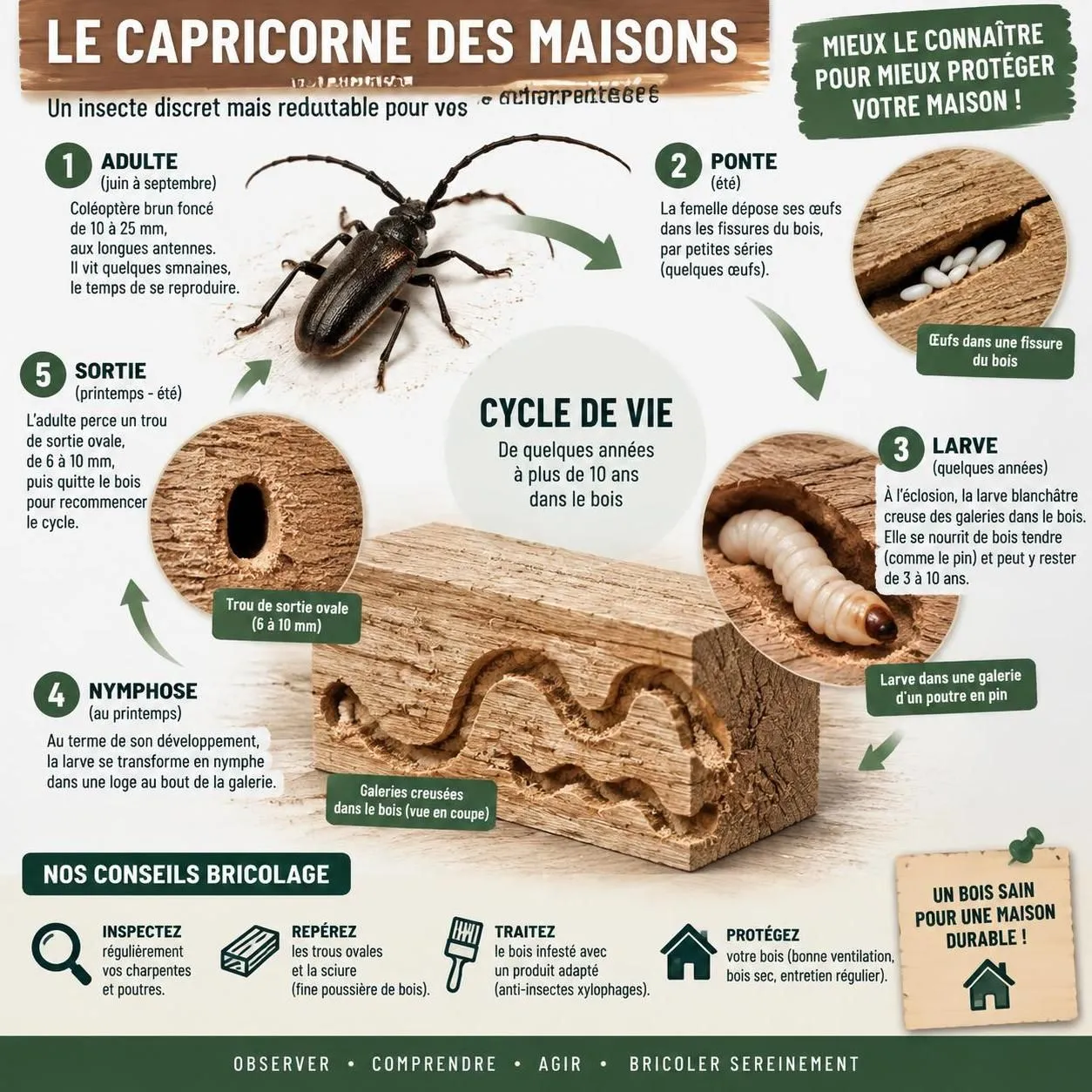 apprenez à reconnaître le capricorne des maisons, à repérer les dégâts dans vos charpentes et à protéger le bois contre cet insecte xylophage.