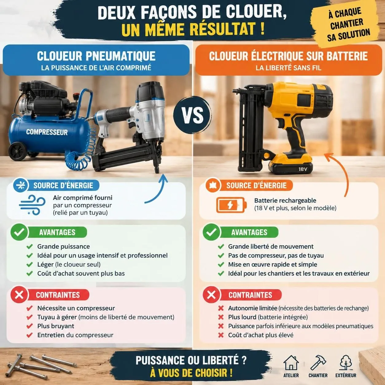 cloueur pneumatique ou électrique : comparez leurs avantages, leurs usages et leurs contraintes pour choisir le modèle adapté à votre chantier.