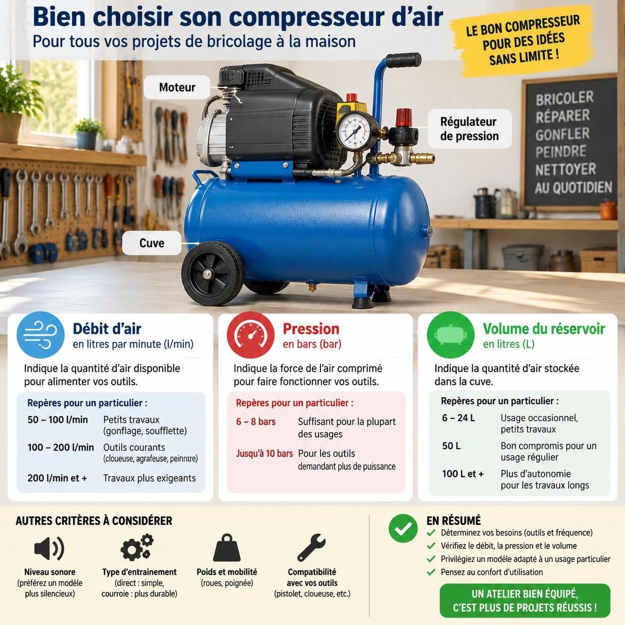 choisissez un compresseur d’air adapté à vos besoins : comparez le volume du réservoir, la pression et les usages pour trouver le modèle idéal à la maison.