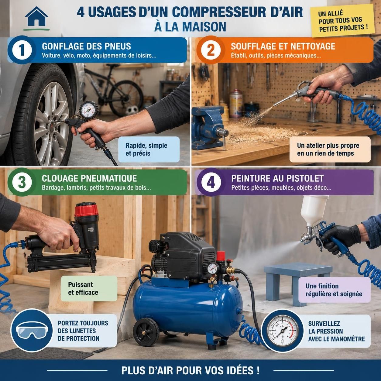 choisissez un compresseur d’air pour particulier selon le volume du réservoir, la pression et vos usages : gonflage, peinture ou bricolage.