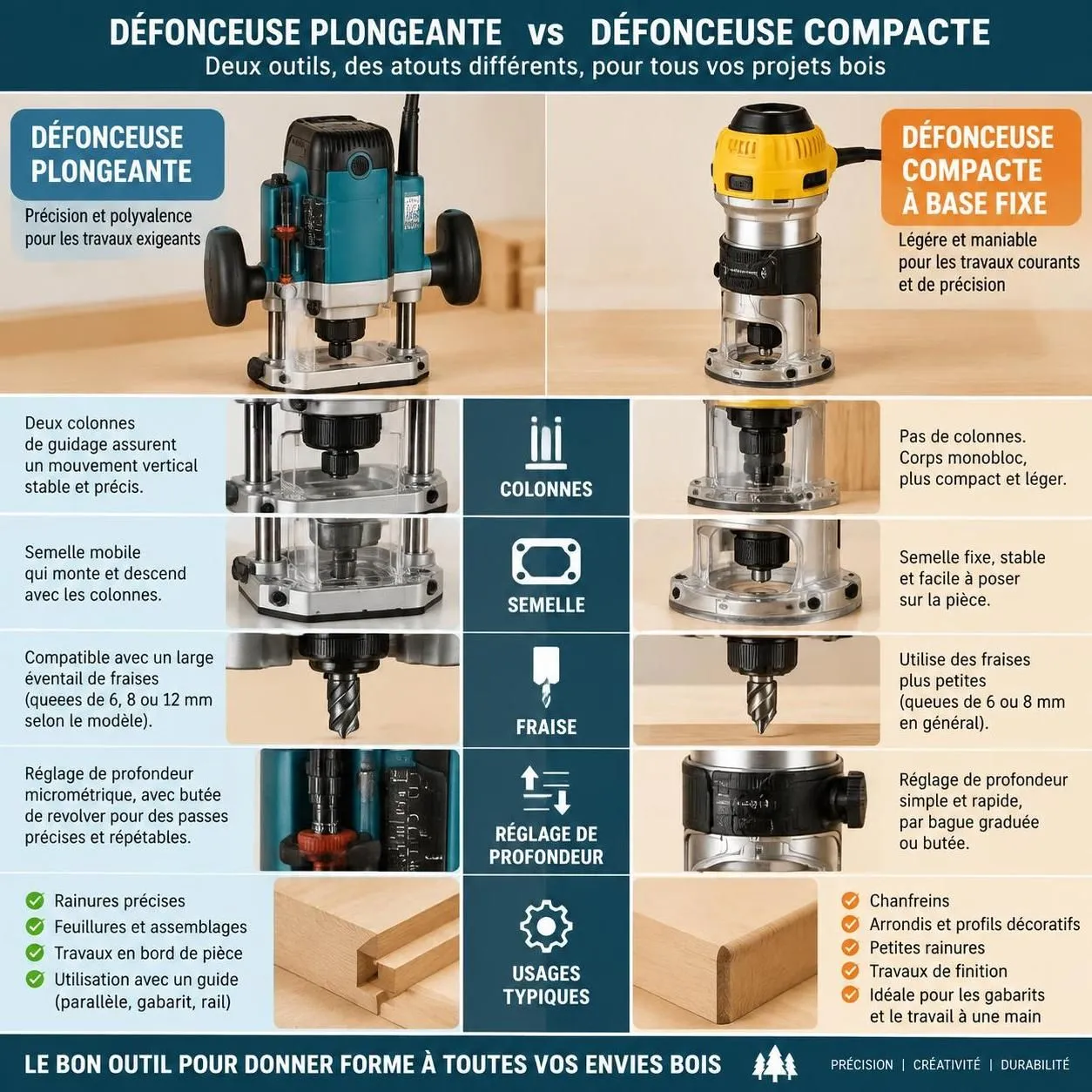 découvrez comment utiliser une défonceuse pour rainurer, arrondir et façonner le bois avec précision, en choisissant les bons réglages et accessoires.