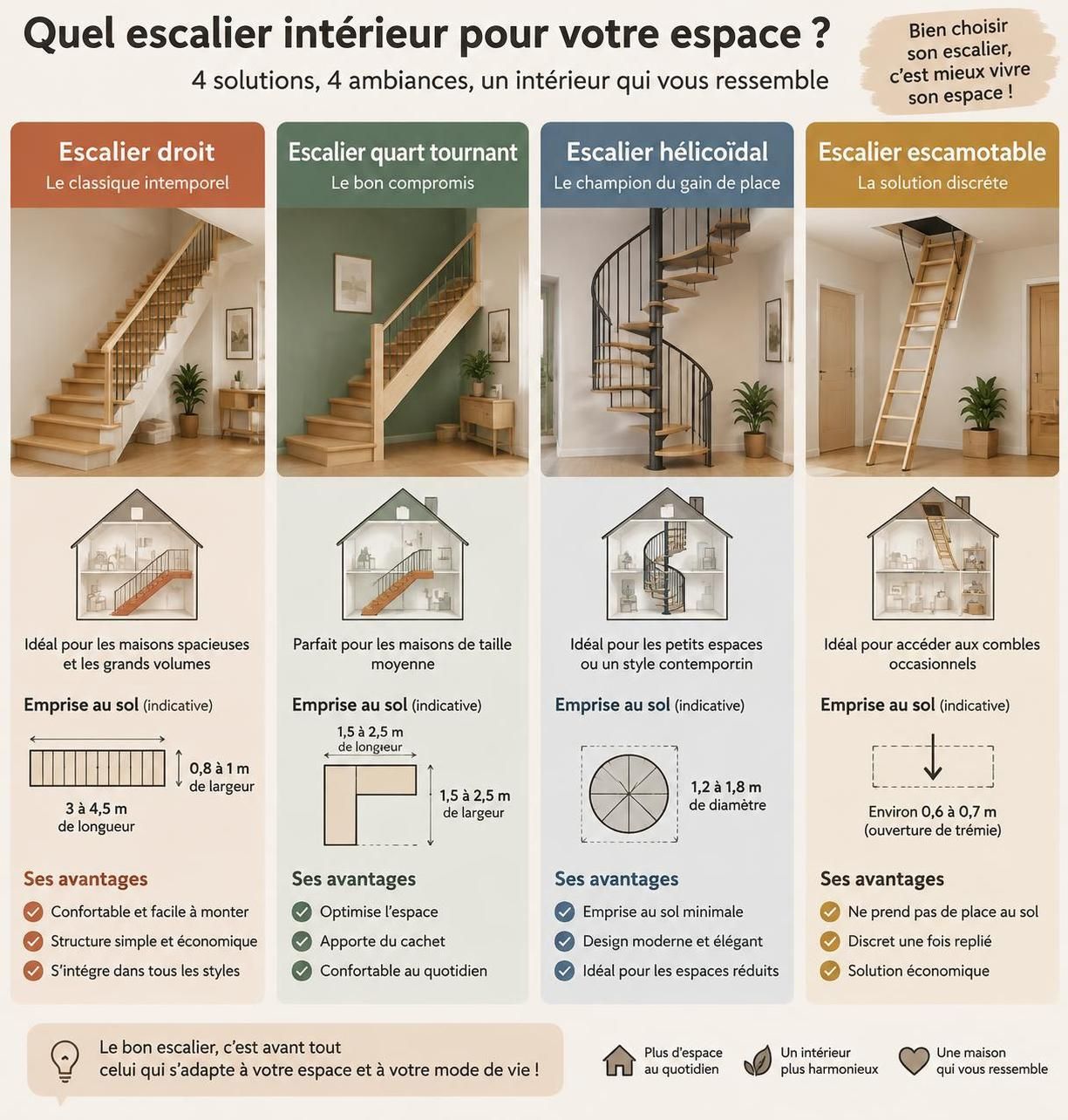 bois, métal ou béton : comparez les matériaux pour choisir un escalier intérieur adapté au style, à l’espace et aux besoins de votre maison.