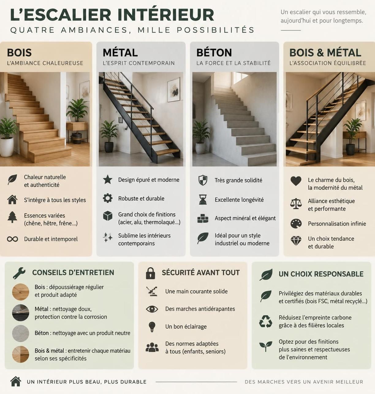 bois, métal ou béton : comparez les matériaux, le style et l’entretien pour choisir l’escalier intérieur adapté à votre maison.