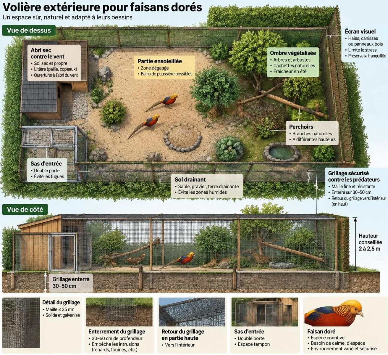découvrez comment élever un faisan doré en enclos ou l’attirer dans votre jardin grâce à un espace naturel adapté à ses besoins.