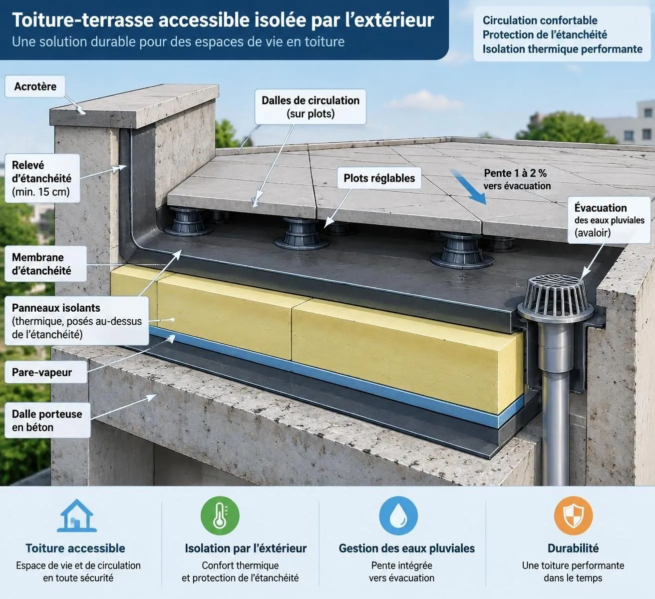 découvrez les techniques d’isolation par l’extérieur d’une toiture-terrasse accessible et choisissez les matériaux adaptés pour allier confort thermique et durabilité.