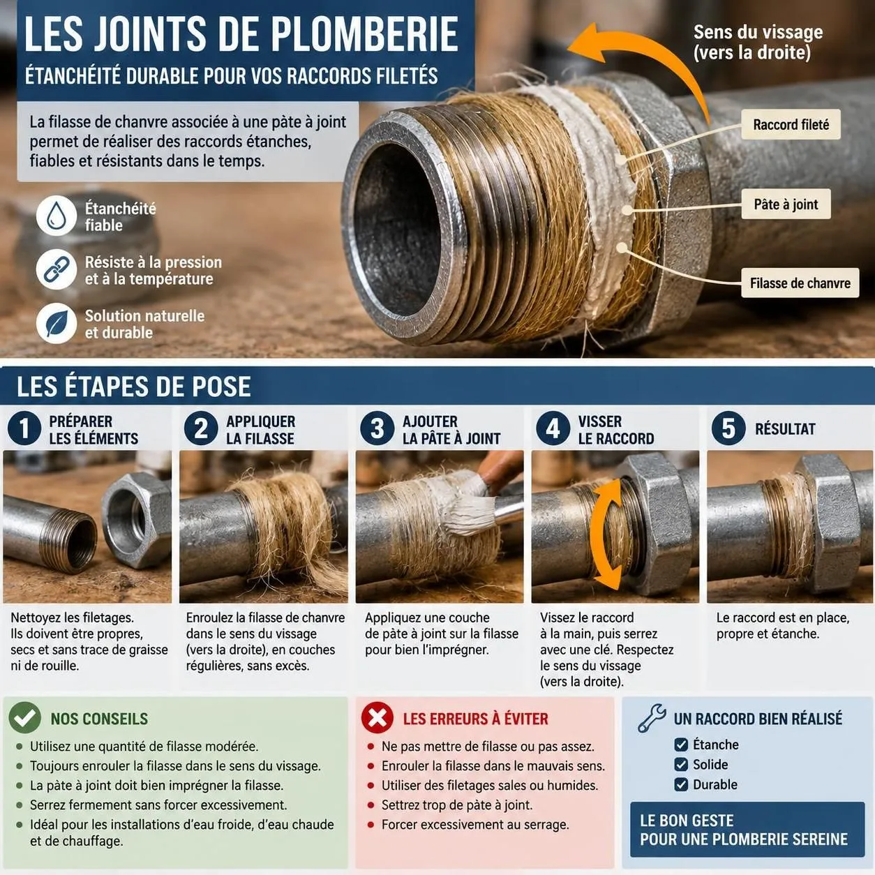 colle, ruban téflon ou chanvre : découvrez quel produit choisir pour assurer l’étanchéité de vos raccords de plomberie.
