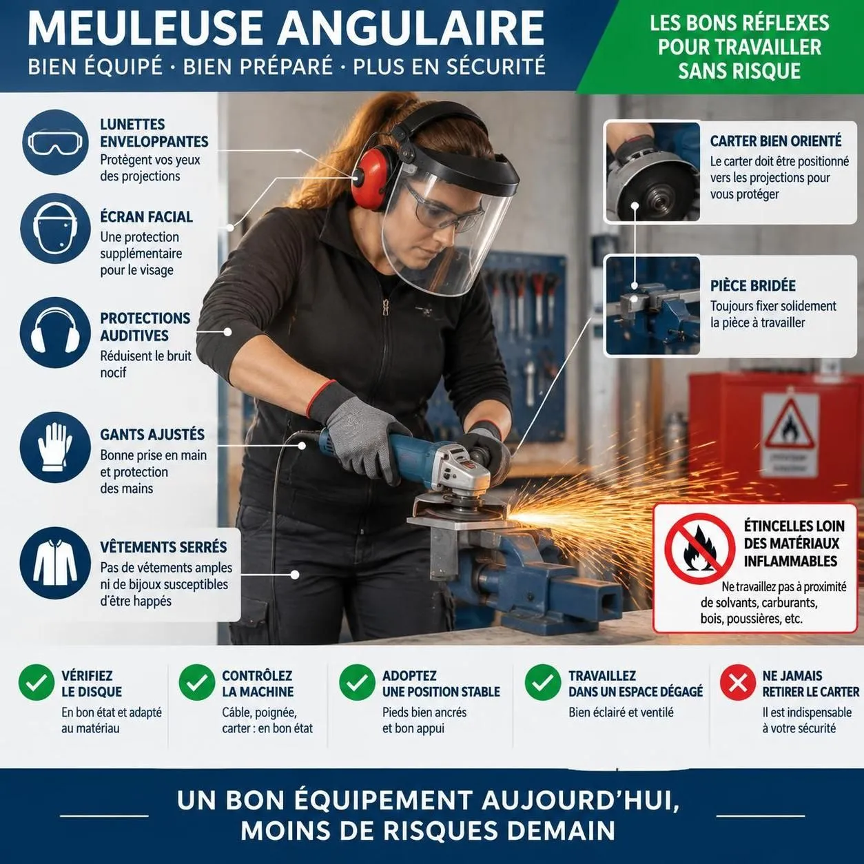 découvrez quels disques choisir pour couper ou poncer métal, pierre et bois avec une meuleuse angulaire, ainsi que les règles essentielles pour travailler en sécurité.