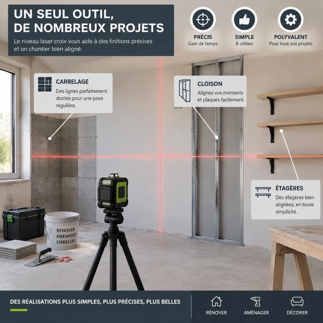 découvrez pourquoi le niveau laser croix facilite la pose de carrelages, l’installation de cloisons et la fixation d’étagères avec précision.