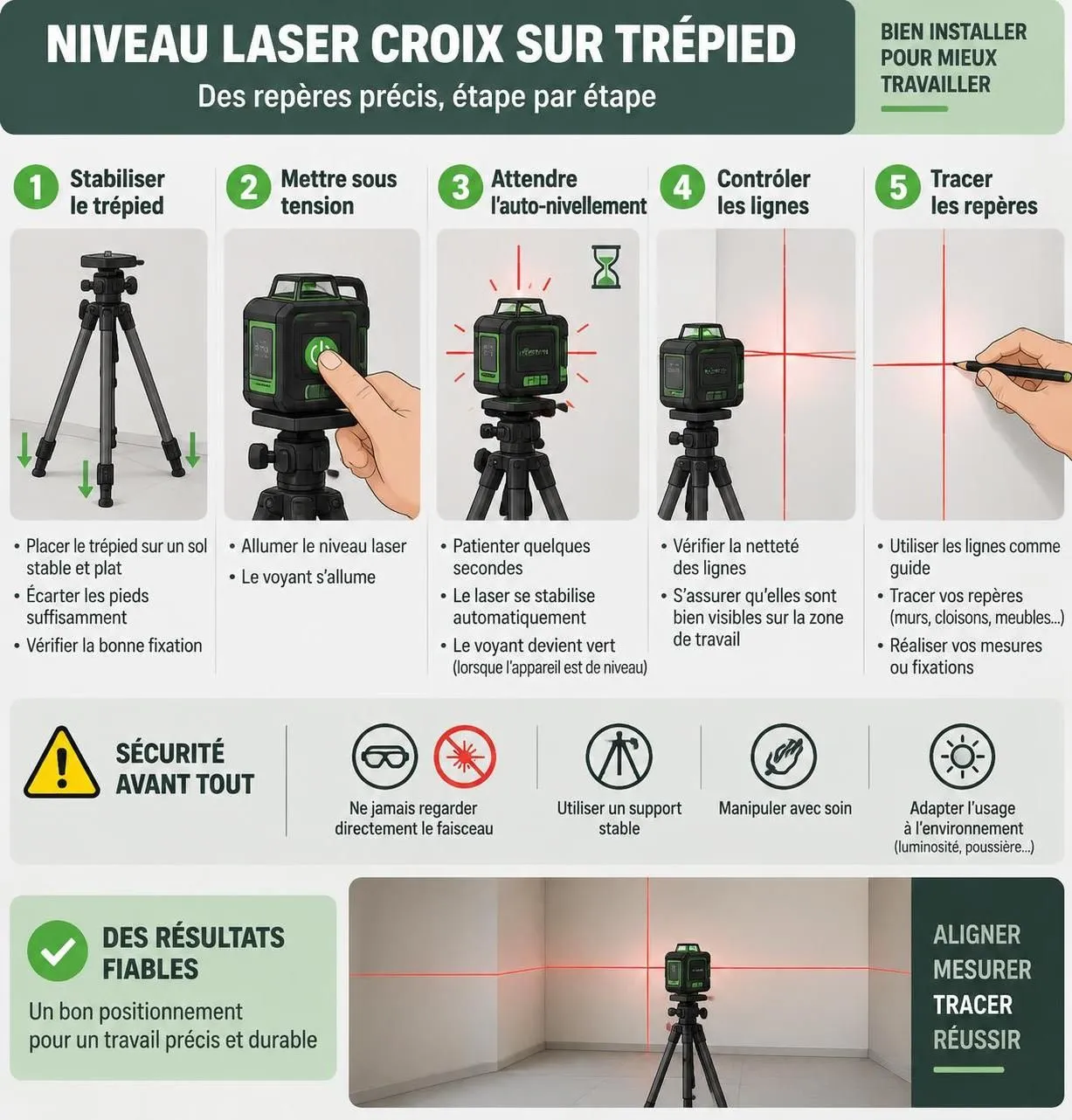 découvrez comment un niveau laser en croix facilite la pose de carrelage, l’installation de cloisons et l’alignement précis des étagères.