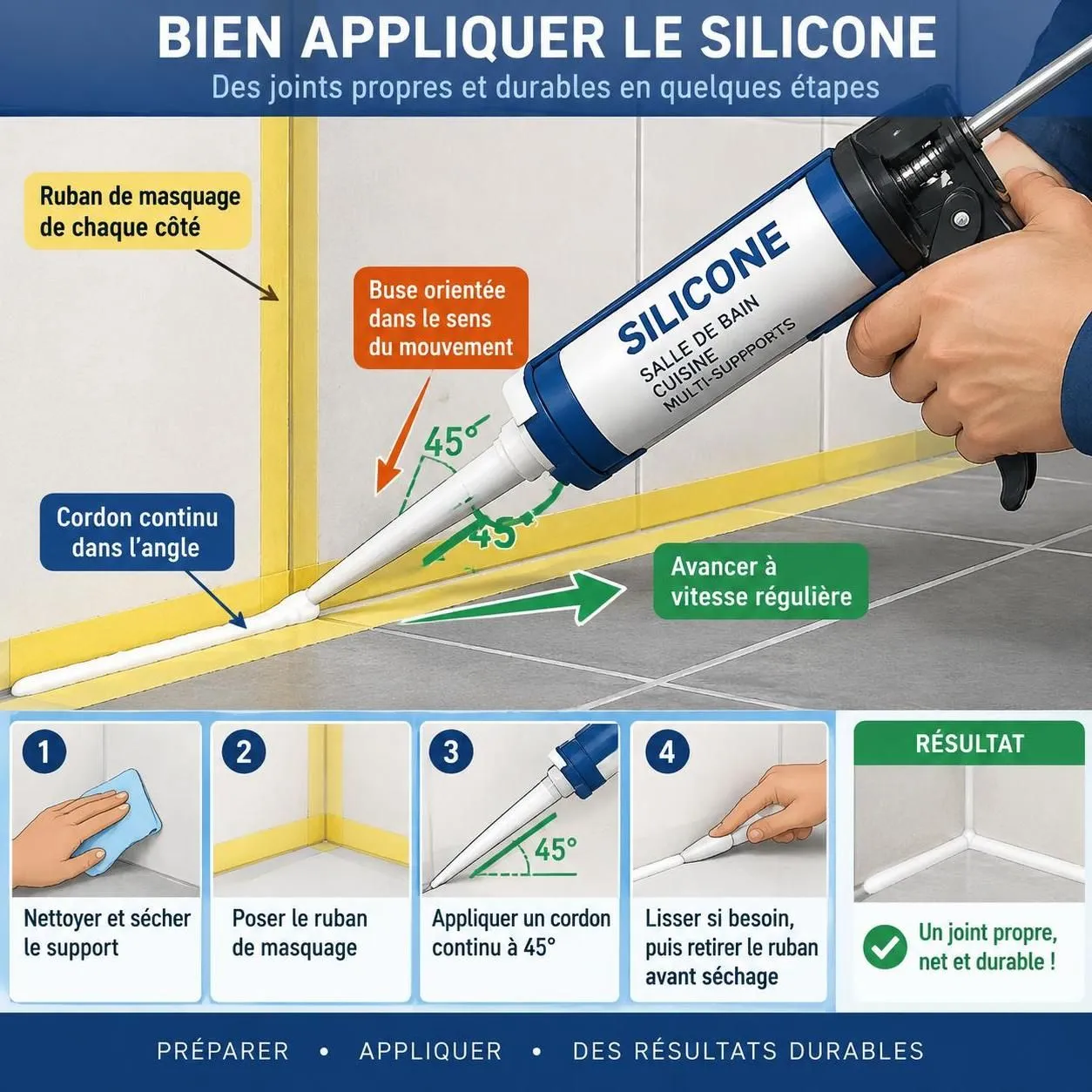 découvrez la bonne technique pour appliquer un joint de silicone net et régulier avec un pistolet, dès le premier essai.