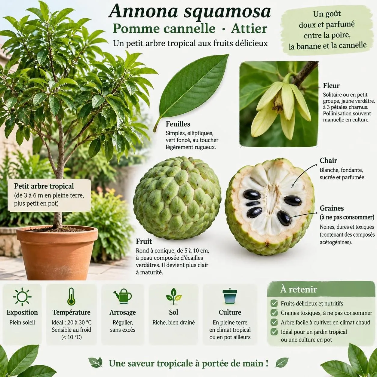 découvrez comment cultiver la pomme cannelle, ou annone, en pot sous notre climat : conseils de plantation, d’entretien et d’hivernage.