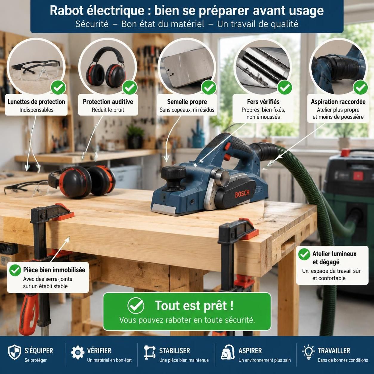 apprenez à régler la semelle de votre rabot électrique, choisir les bonnes lames et obtenir une finition adaptée à chaque projet.