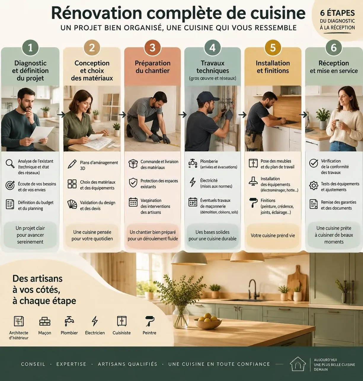 découvrez qui contacter et dans quel ordre pour réussir votre rénovation de cuisine complète, maîtriser votre budget et éviter les mauvaises surprises.