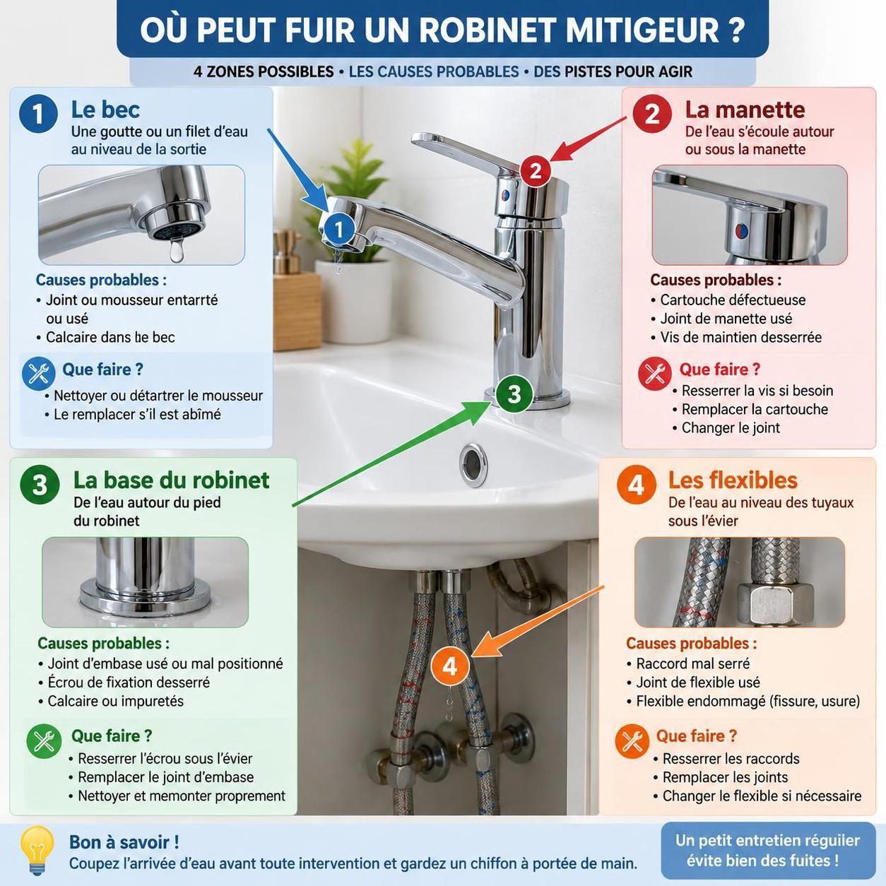 votre robinet mitigeur fuit ? identifiez l’origine de la fuite et découvrez les solutions adaptées pour le réparer selon son type.