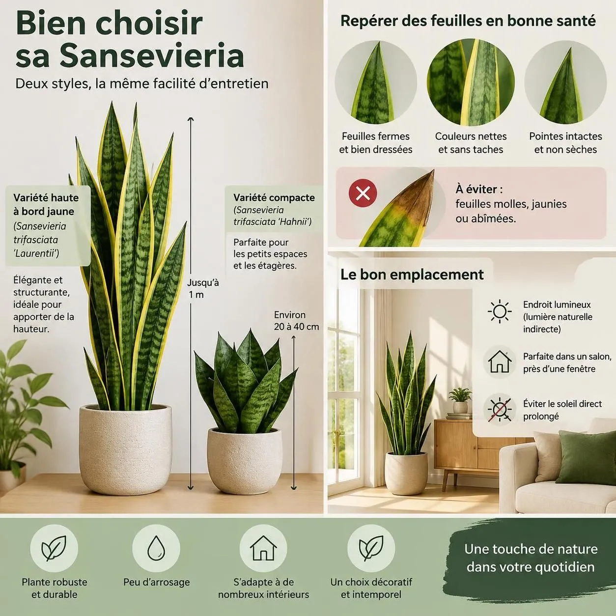 découvrez comment choisir, planter et entretenir la sansevieria, aussi appelée langue de belle-mère, une plante d’intérieur facile à vivre.